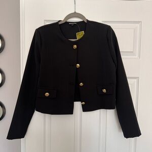 Classic Black Cropped Button Jacket - Womens